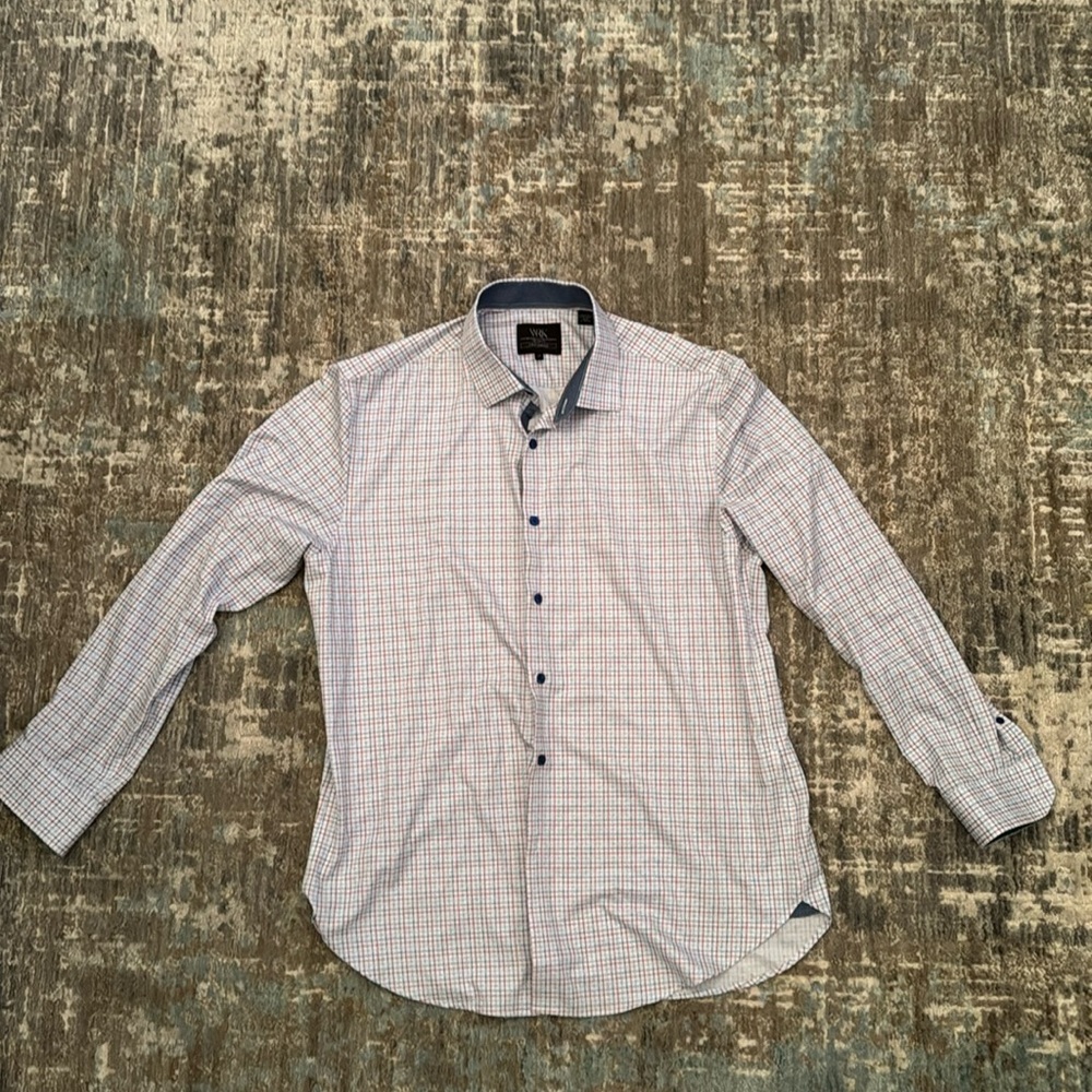 WRK Men’s Dress Shirt - White with Blue and Red pattern Sz 17